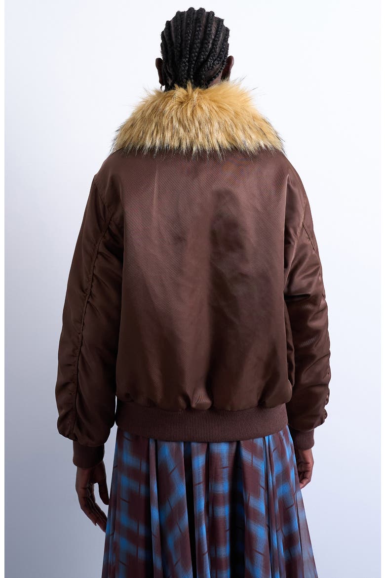 Nylon Bomber Jacket with Faux Fur Collar, Alternate, color, BROWN