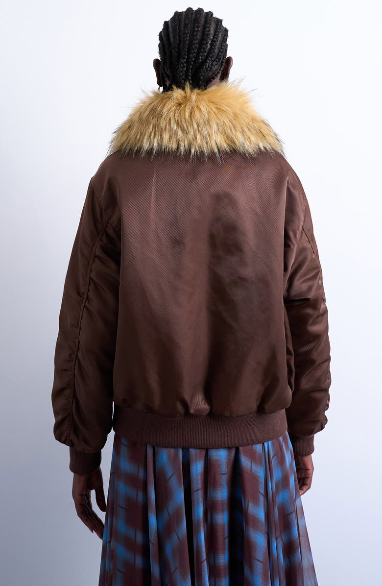 Topshop Nylon Bomber Jacket with Faux Fur Collar, Alternate, color, Brown
