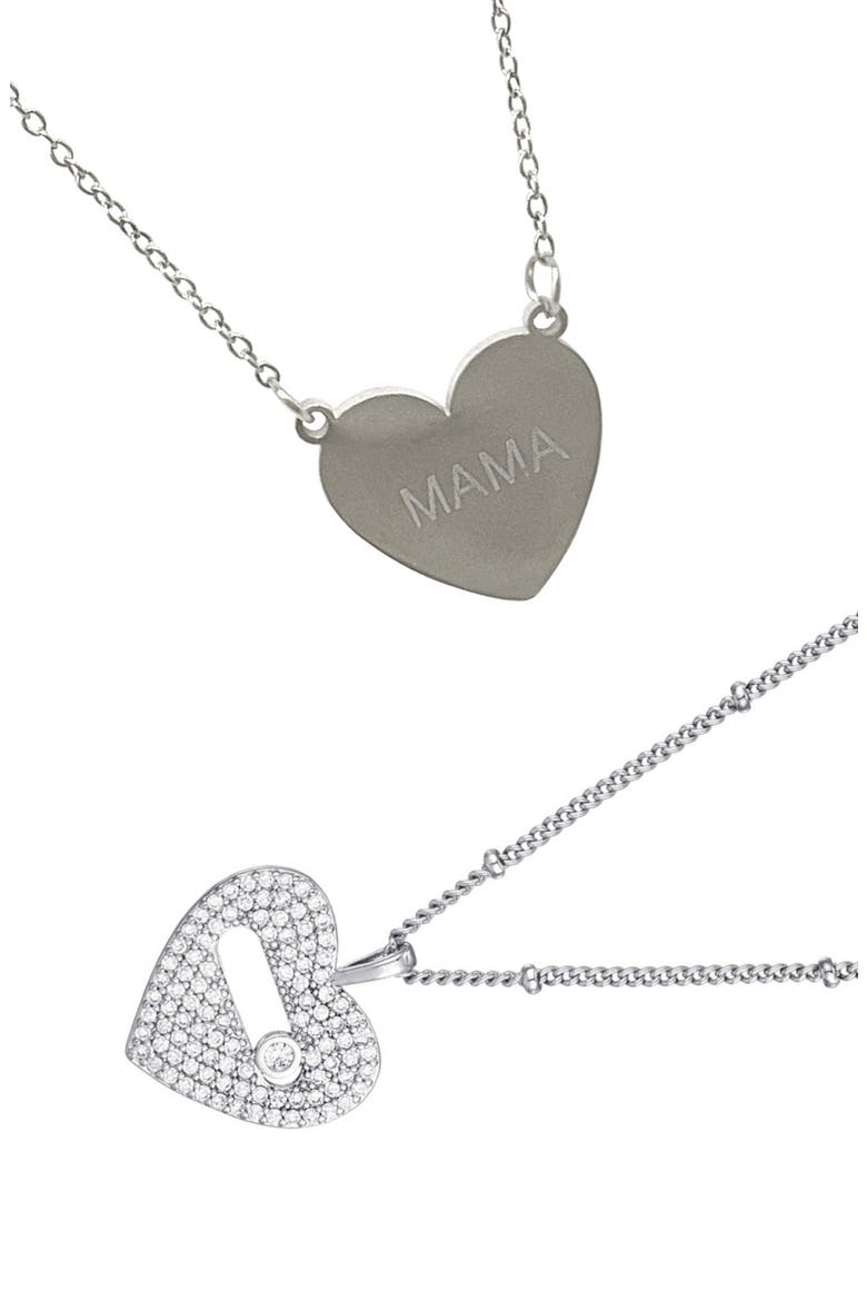 Set of 2 Mama & Pavé Heart Pendant Necklaces, Main, color, SILVER