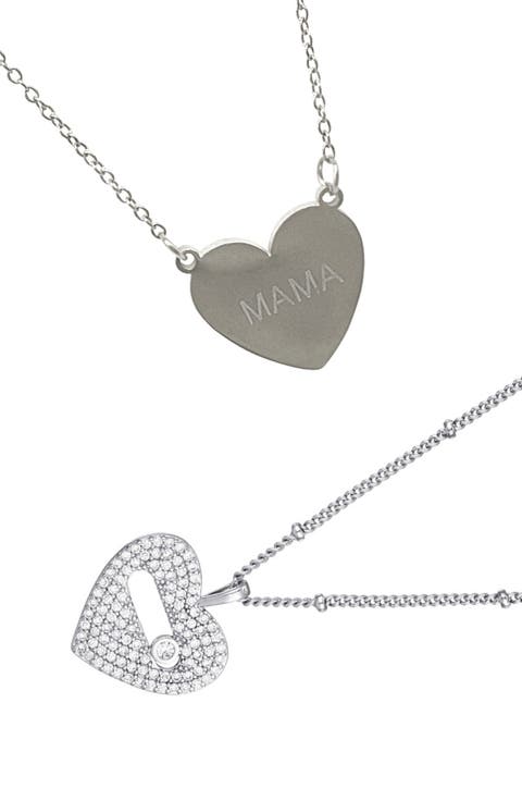 Set of 2 Mama & Pavé Heart Pendant Necklaces