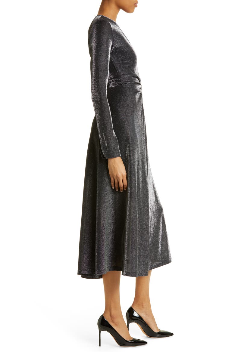 Long Sleeve Metallic Jersey Midi Dress, Alternate, color, BLACK