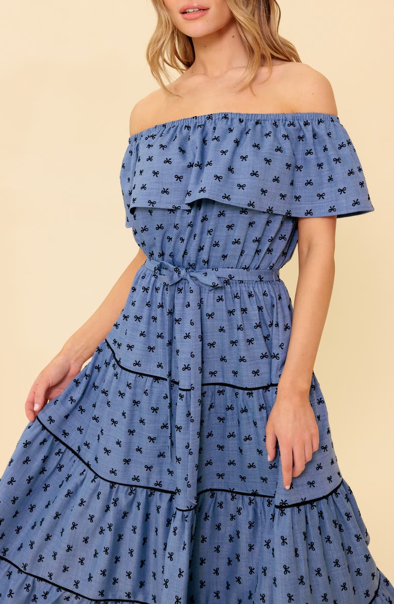 FLYING TOMATO Off the Shoulder Tiered Chambray Maxi Dress, Alternate, color, Chambray