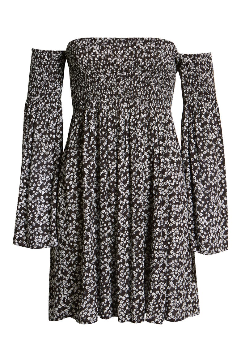 Picking Daisies Smocked Off the Shoulder Minidress, Alternate, color, BLACK FLORAL PRINT
