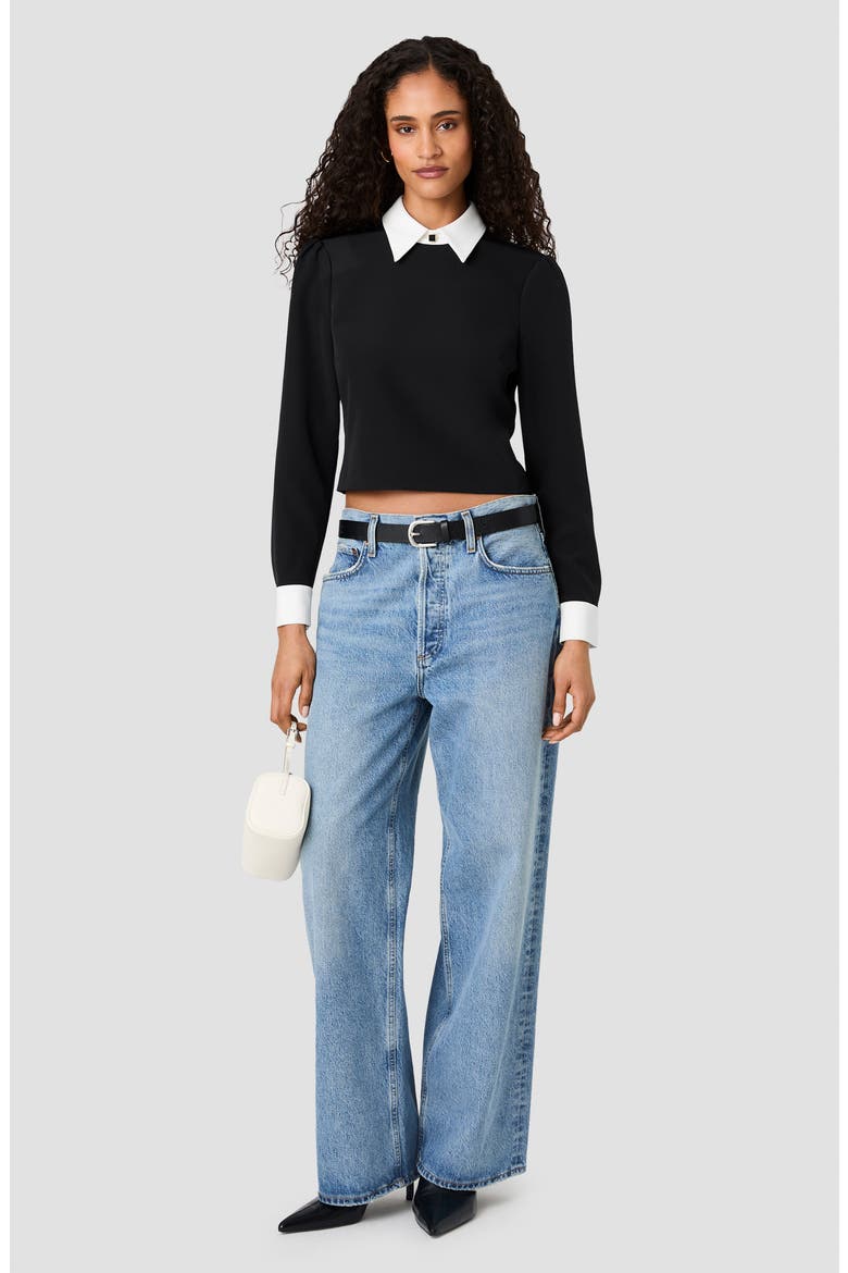 Echo Crepe Collared Long Sleeve Top, Alternate, color, BLACK/ WINTER WHITE