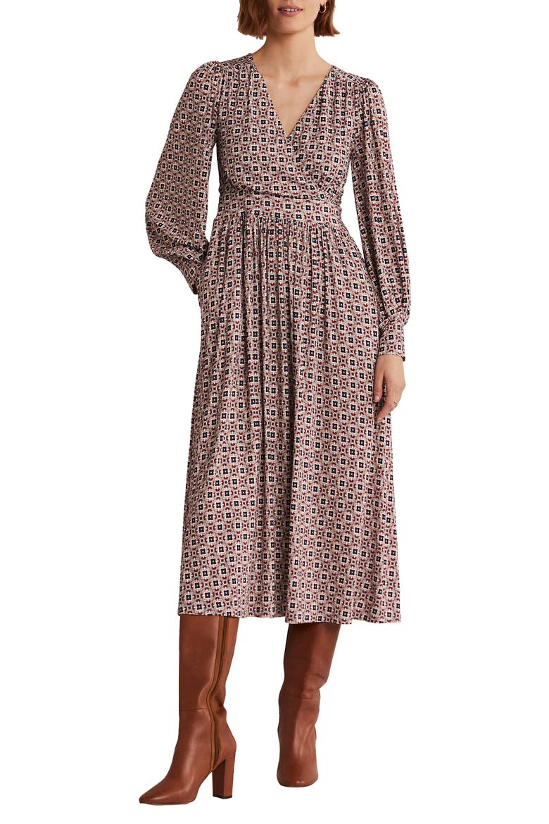 Print Long Sleeve Faux Wrap Midi Dress, Main, color, ALMOND PINK SQUARE
