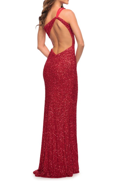La Femme One Shoulder Luxurious Soft Sequin Dress With Slit In Red