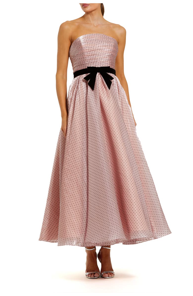 Mac Duggal Polka Dot Organza Strapless Bow Detail Ankle Dress, Main, color, Rose Pink
