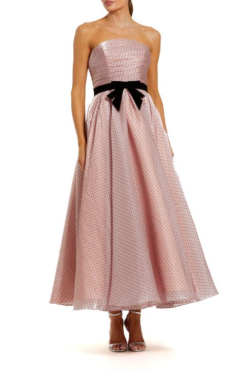 Polka Dot Organza Strapless Bow Detail Ankle Dress