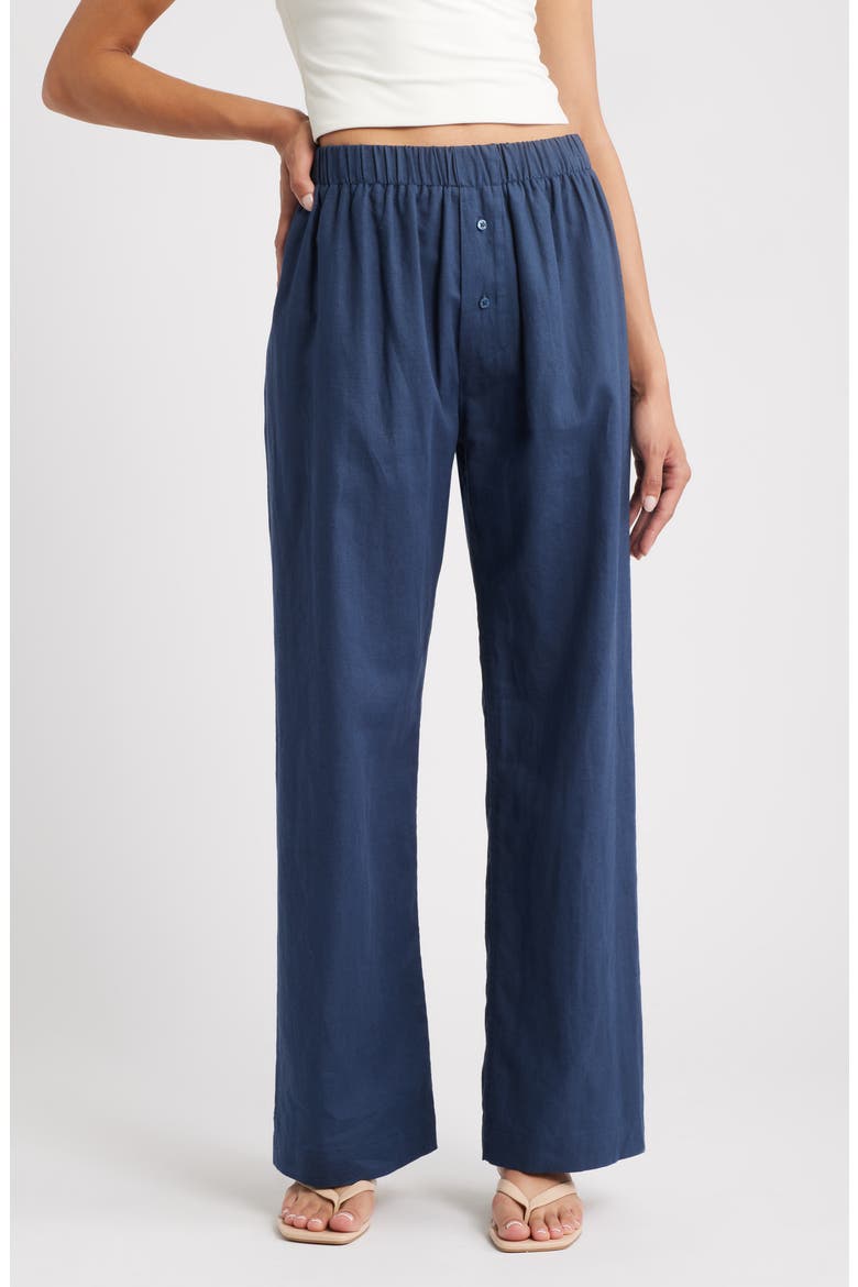 Pull-On Linen & Cotton Wide Leg Pants, Main, color, NAVY BLUE