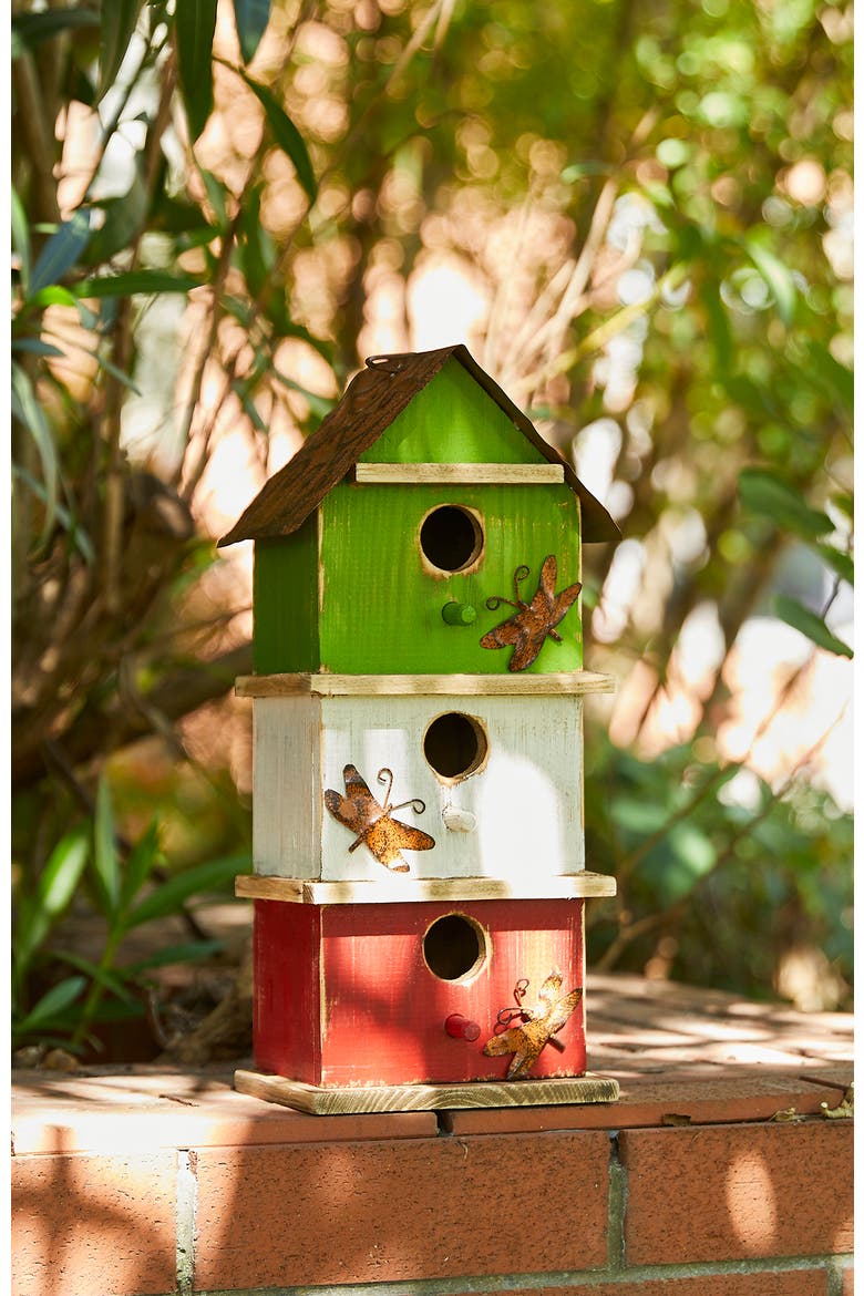 13.75"H Multicolored Three-Tiered Distressed Solid Wood Birdhouse, Alternate, color, Green