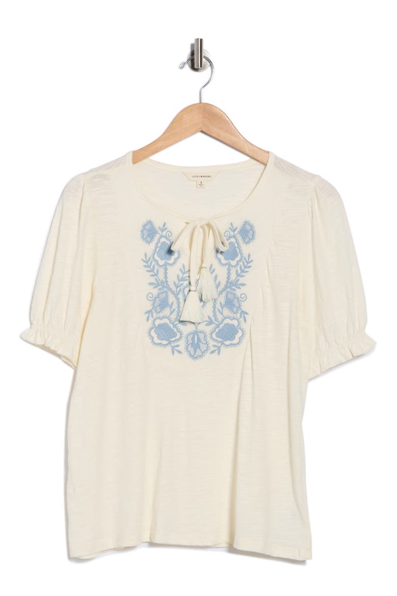 Embroidered Tie Front Top, Alternate, color, GARDNEIA