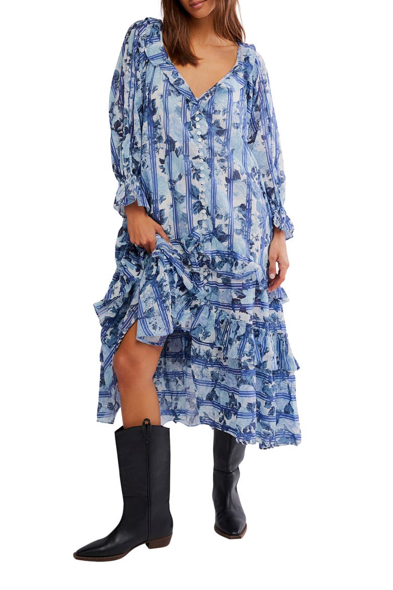 Garden Wonders Long Sleeve Cotton Maxi Dress, Main, color, BLUE COMBO