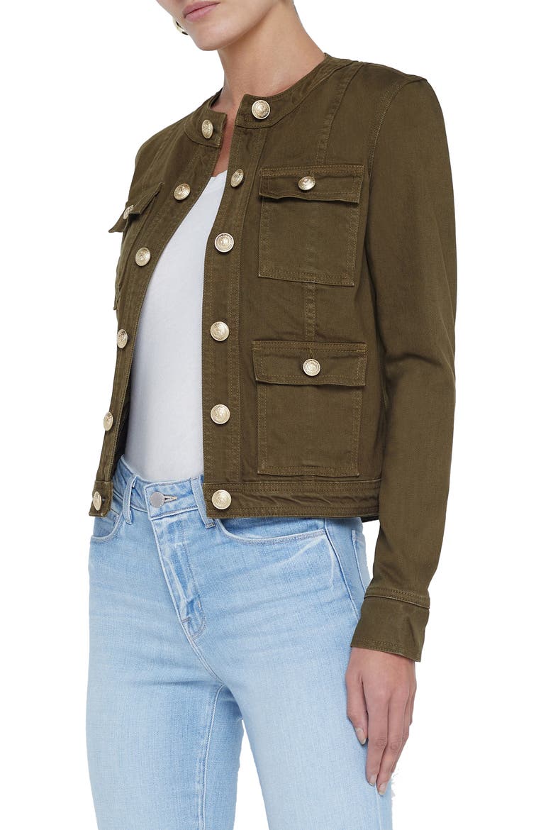 Yari Collarless Denim Jacket, Alternate, color, OLIVE GROVE