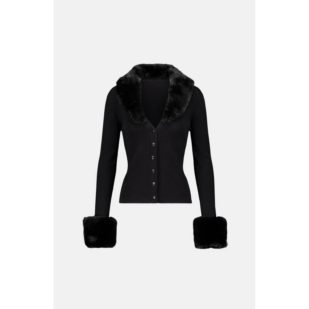 Saemdi Faux Fur Trim Cardigan In Black