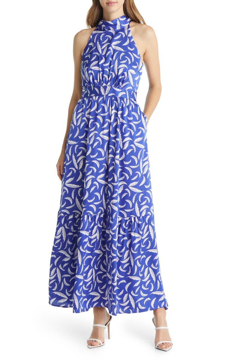 Tahari ASL Leaf Print Stretch Charmeuse Maxi Dress, Main, color,