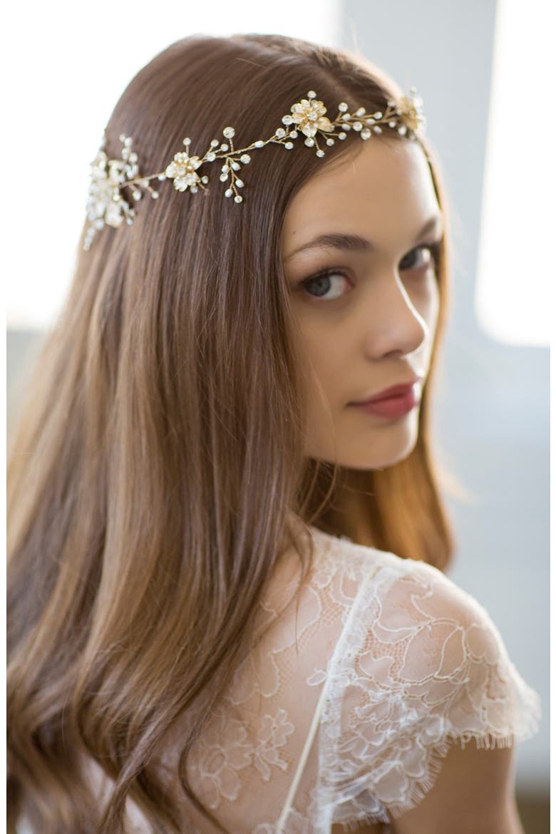 Atiena Embellished Floral Motif Halo & Sash, Alternate, color, 14 K GOLD