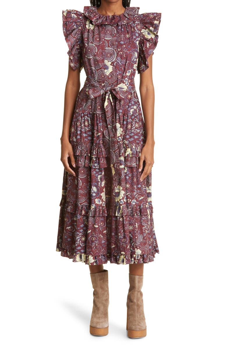 Ulla Johnson Elsie Floral Print Ruffle Tiered Button-Up Dress, Main, color,