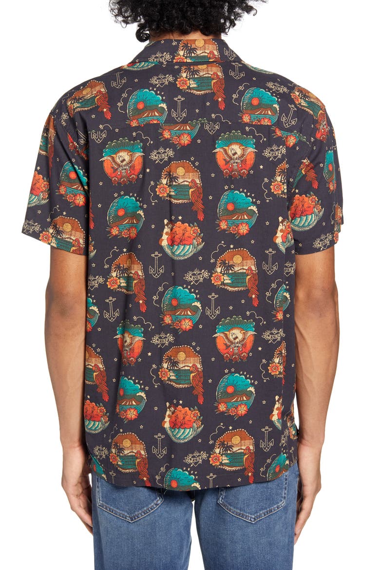 Trop Flash Short Sleeve Button-Up Camp Shirt, Alternate, color, BLACK
