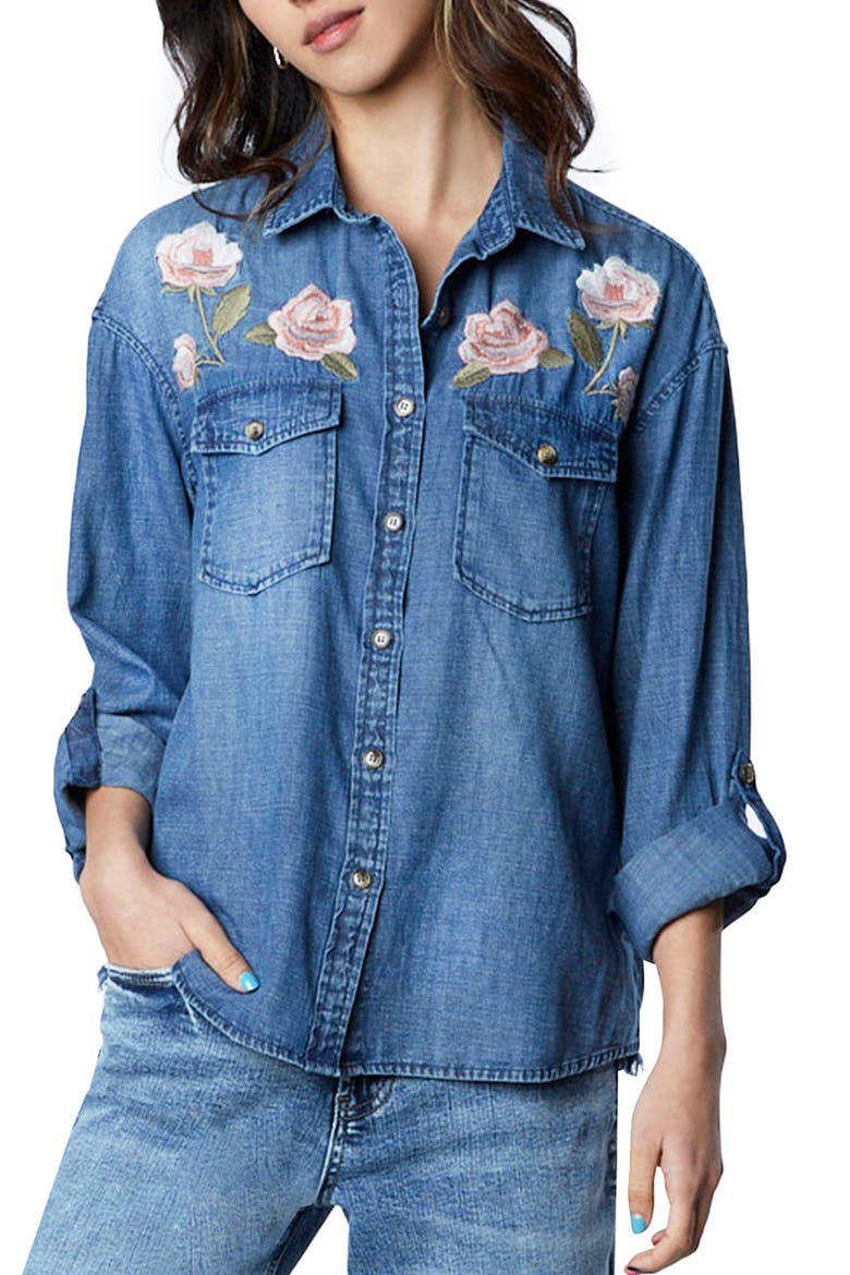 Rose Embroidered Denim Shirt, Main, color, DENIM