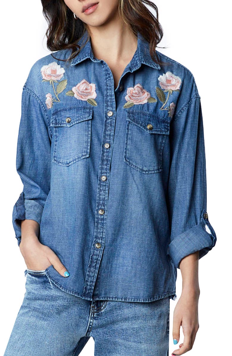 Billy T Rose Embroidered Denim Shirt, Main, color, Denim