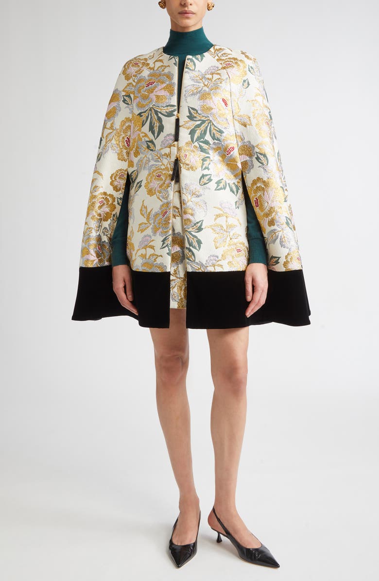 Carolina Herrera Floral Jacquard & Velvet Cape, Alternate, color, Ivory Multi