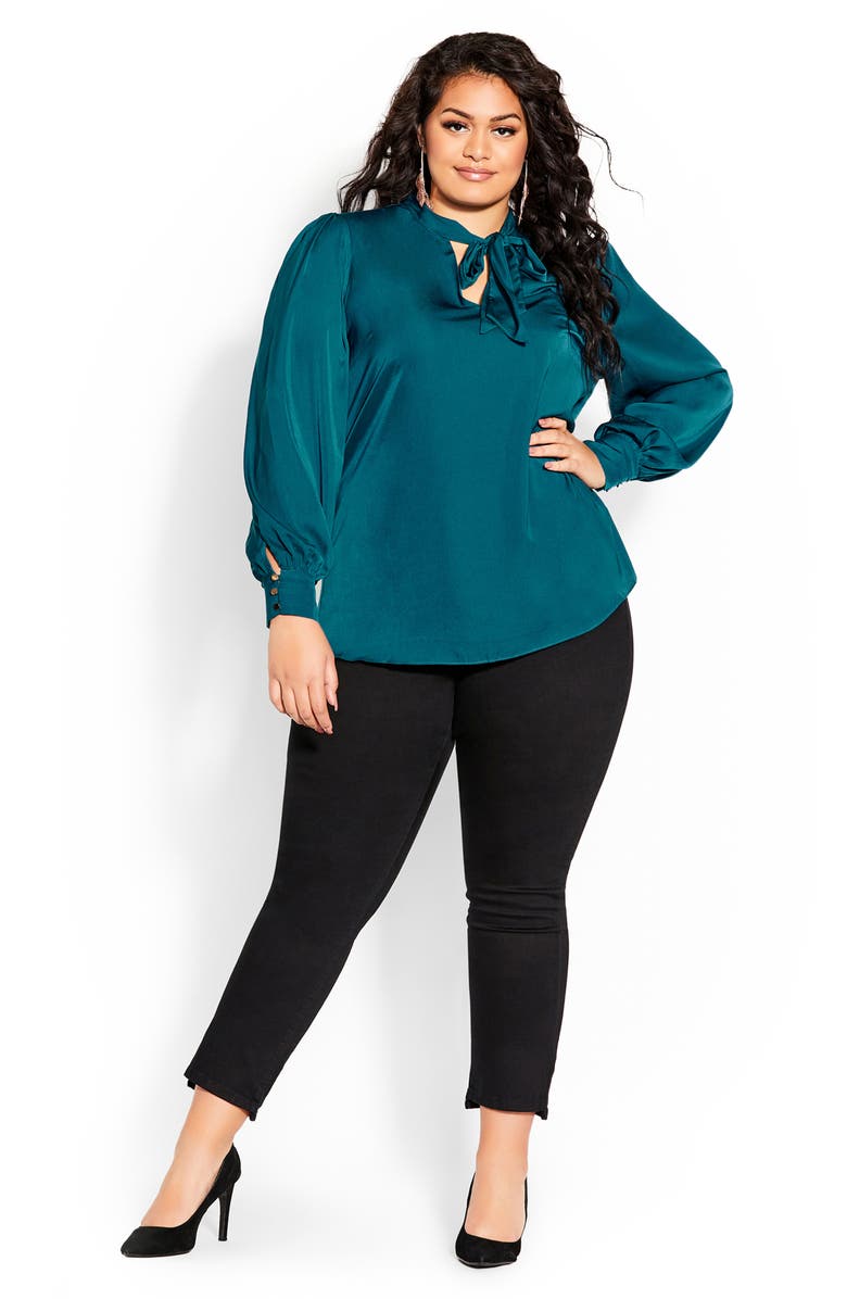 City Chic Chana Charmeuse Bow Blouse, Alternate, color, Teal