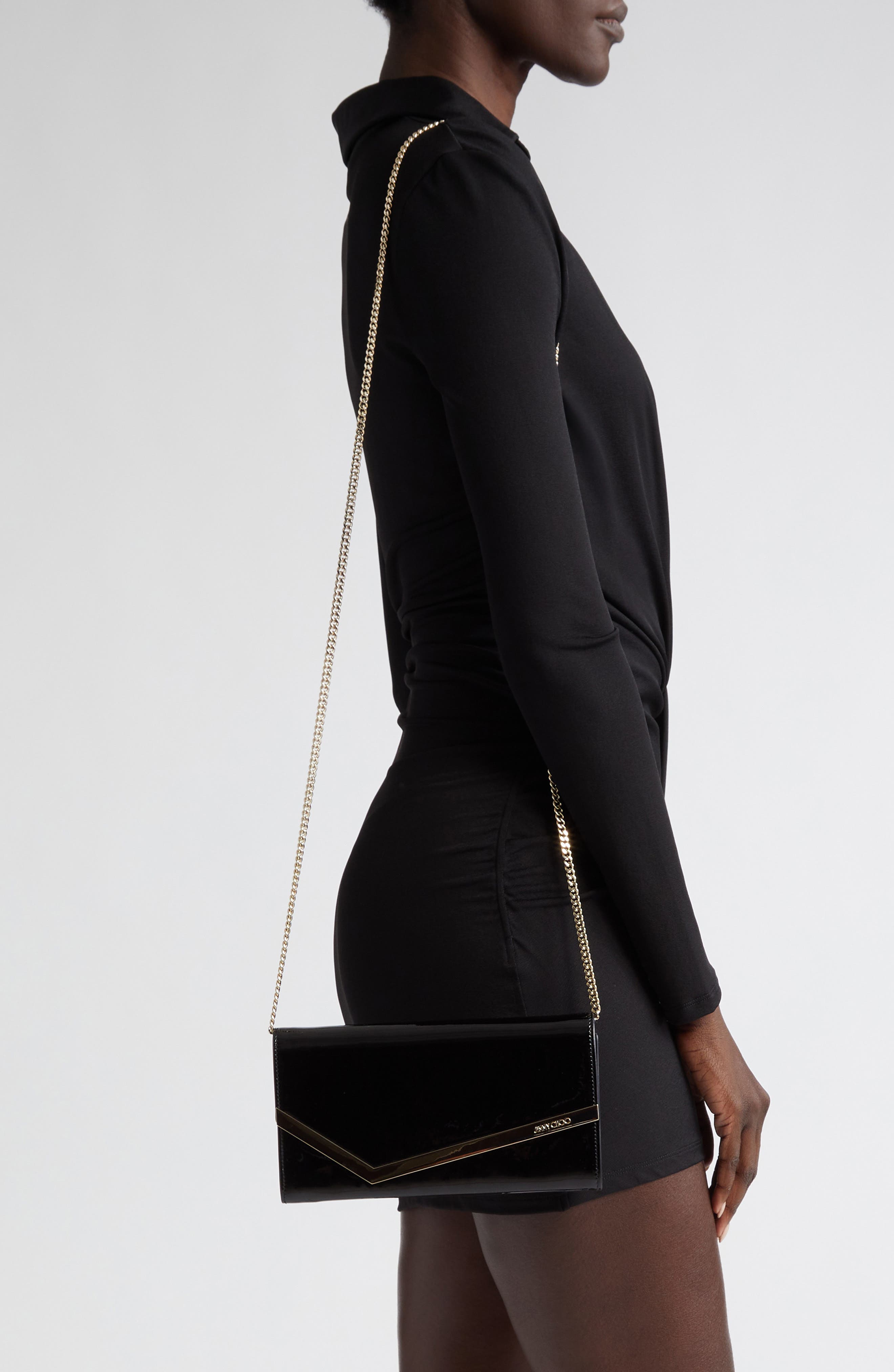 Jimmy Choo Emmie Leather Clutch, Alternate, color, Black/ Light Gold