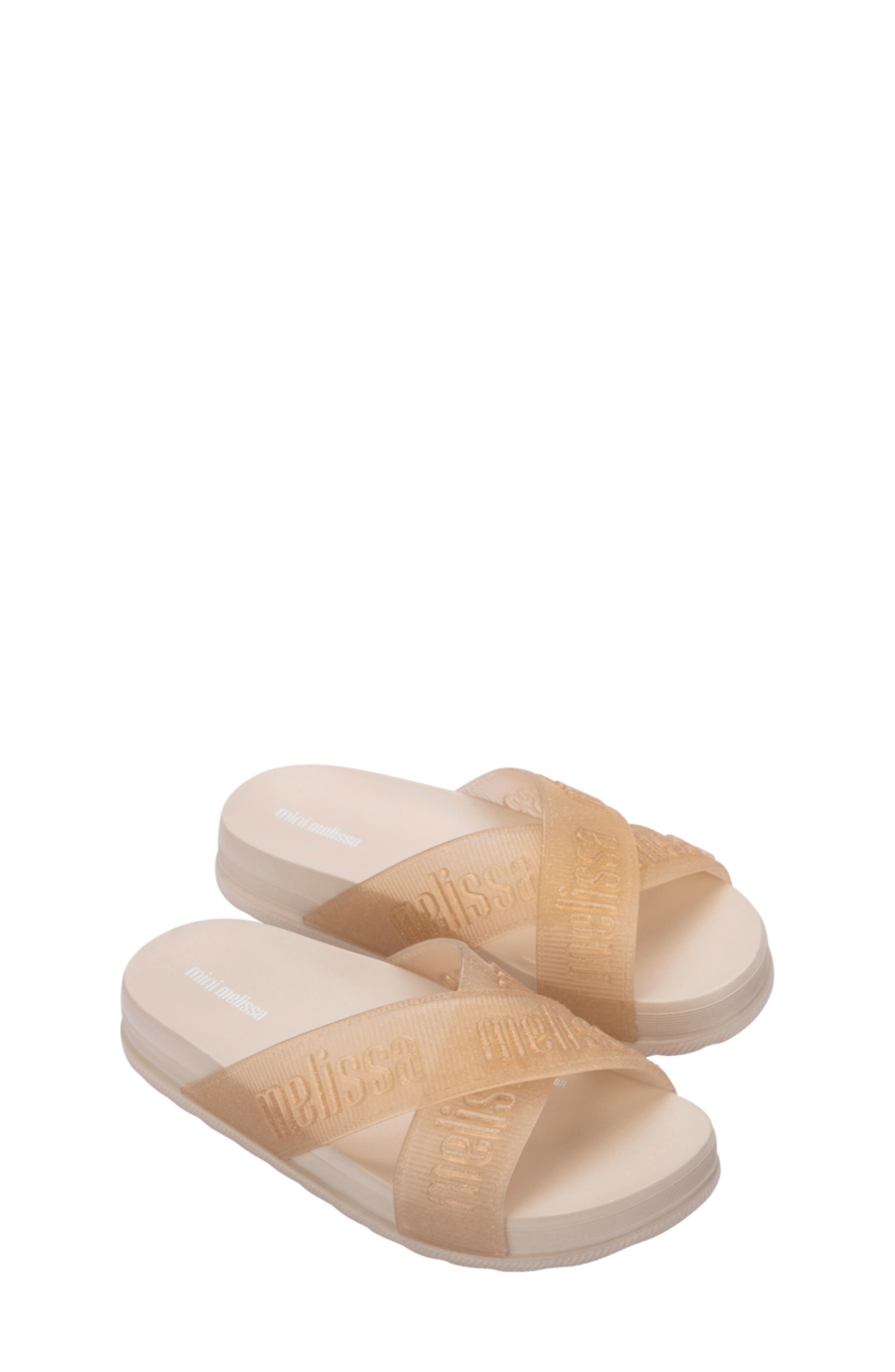 Mini Melissa Kids' Cozy Cross Strap Slide Sandal, Main, color, Beige/ Glitter
