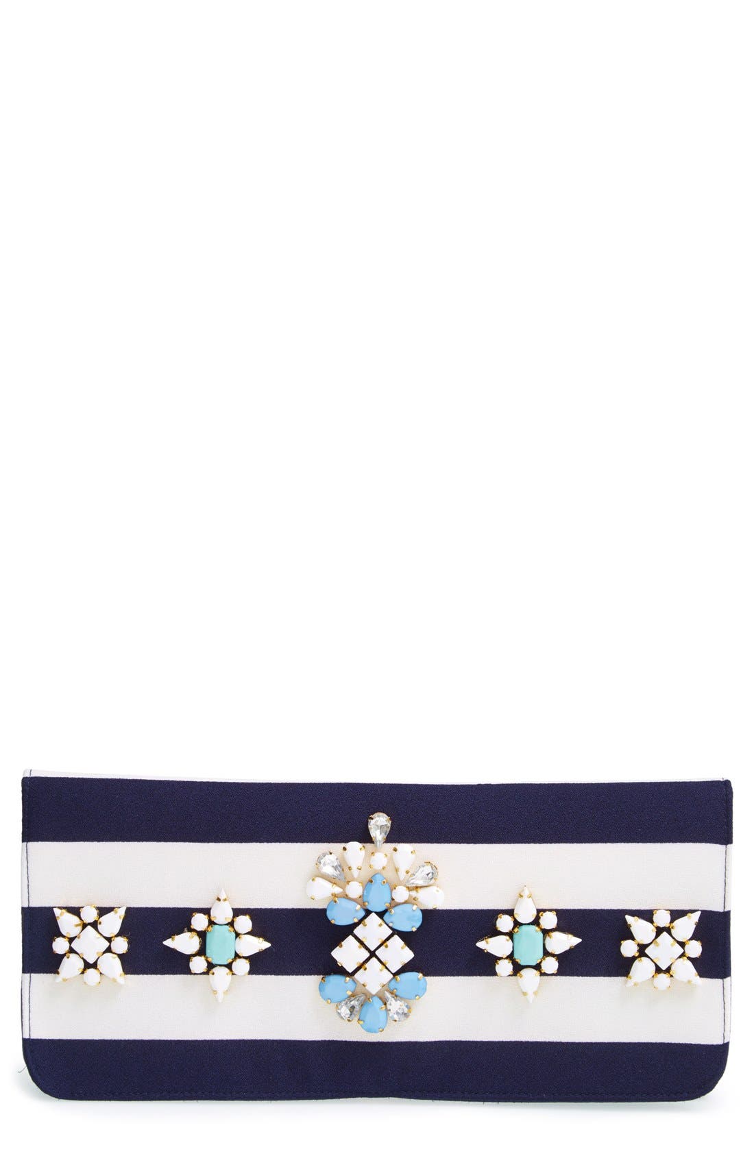 'Berenice' Embellished Stripe Clutch, Main, color, NAVY
