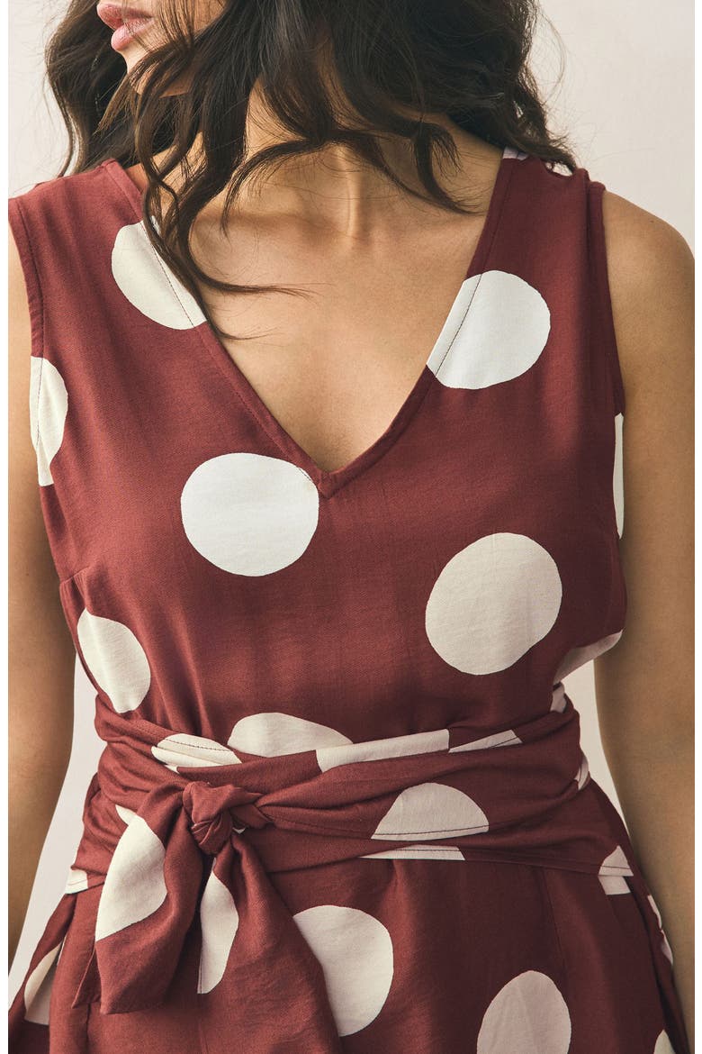 Polka Dot Tie Waist Jumpsuit, Alternate, color, BROWN