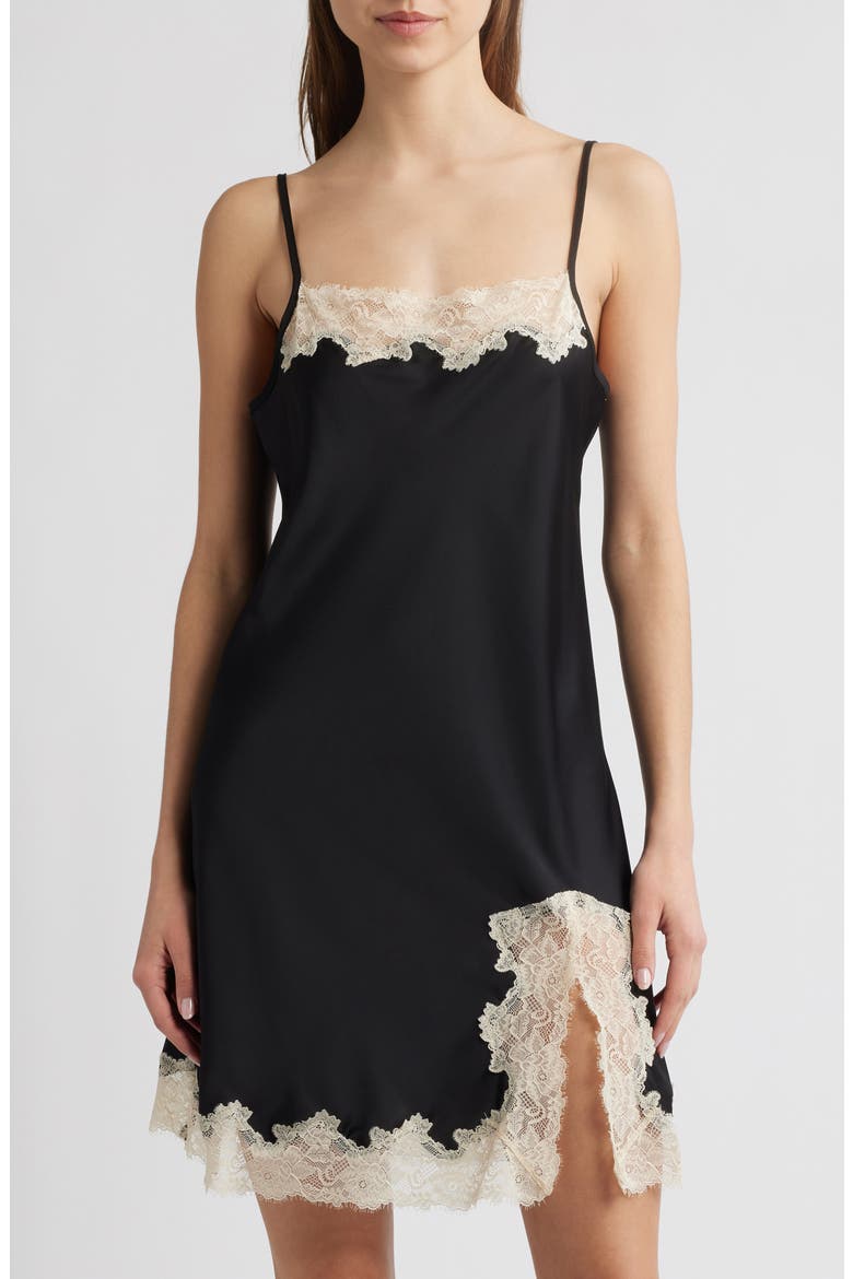Lace Trim Satin Chemise, Main, color, BLACK