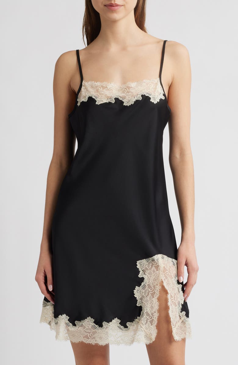 Open Edit Lace Trim Satin Chemise, Main, color, Black
