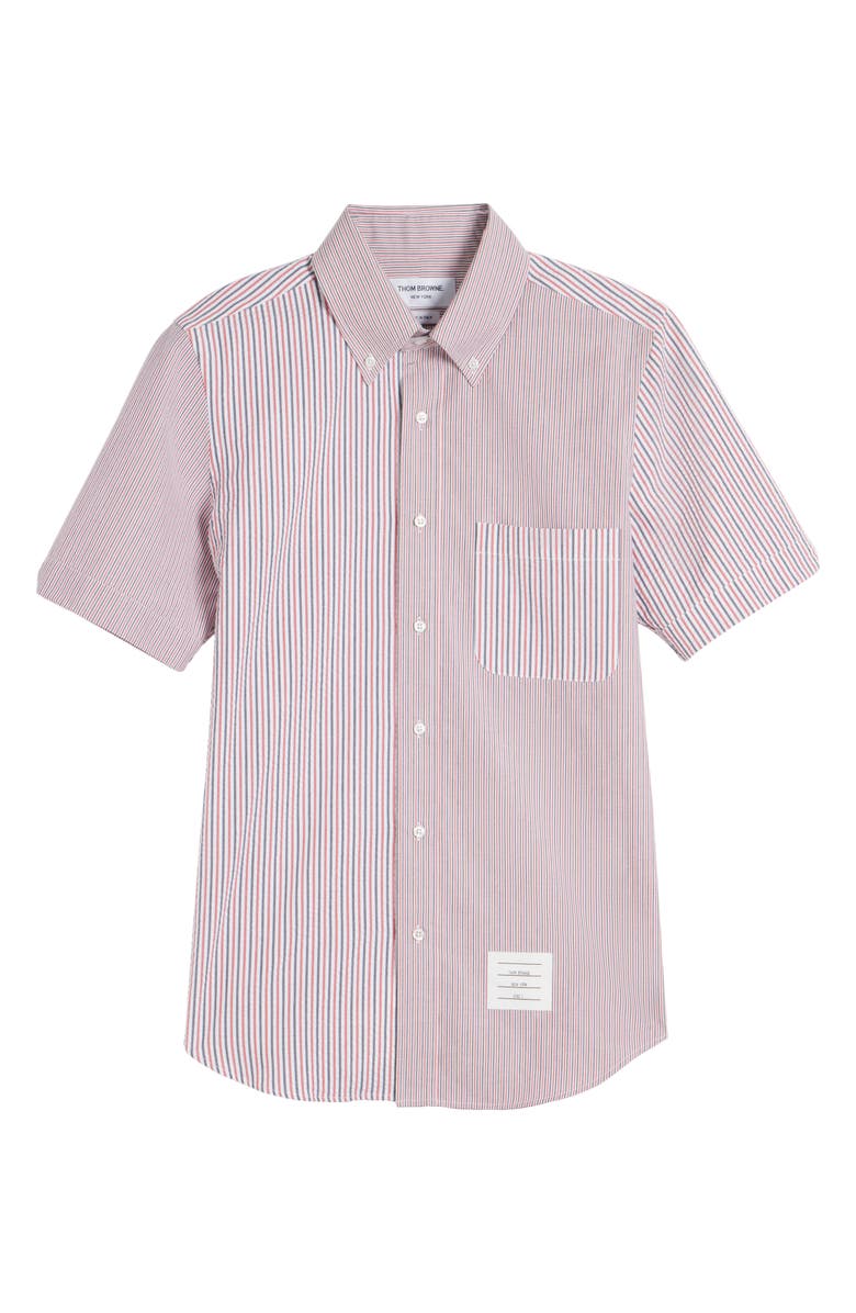 Thom Browne Straight Fit Stripe Short Sleeve Cotton Seersucker Button-Down Shirt, Alternate, color,