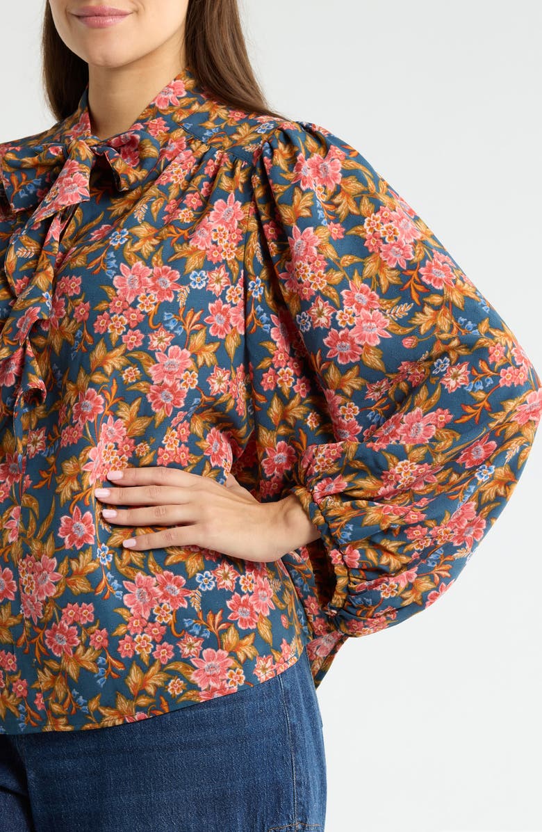 Wit & Wisdom Floral Tie Neck Peasant Top, Alternate, color, Navy/ Vintage Lilac Multi