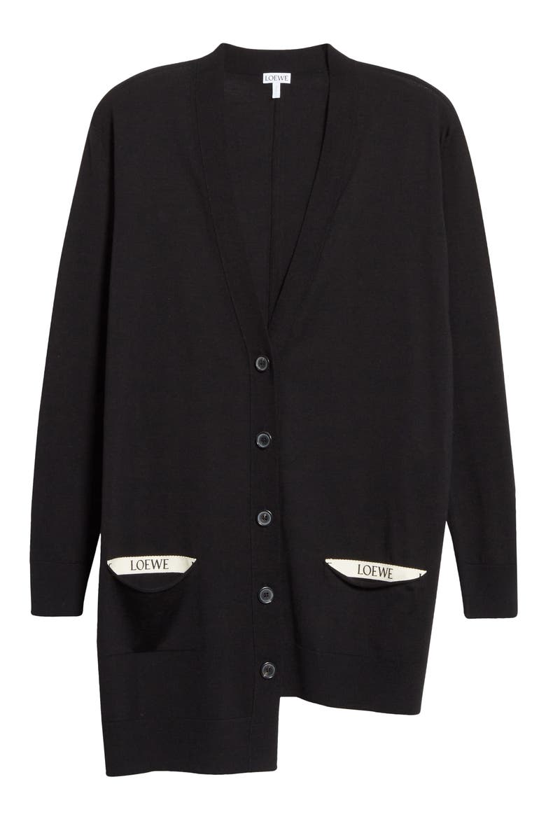 Logo Pocket Asymmetrical Wool Cardigan, Alternate, color, BLACK