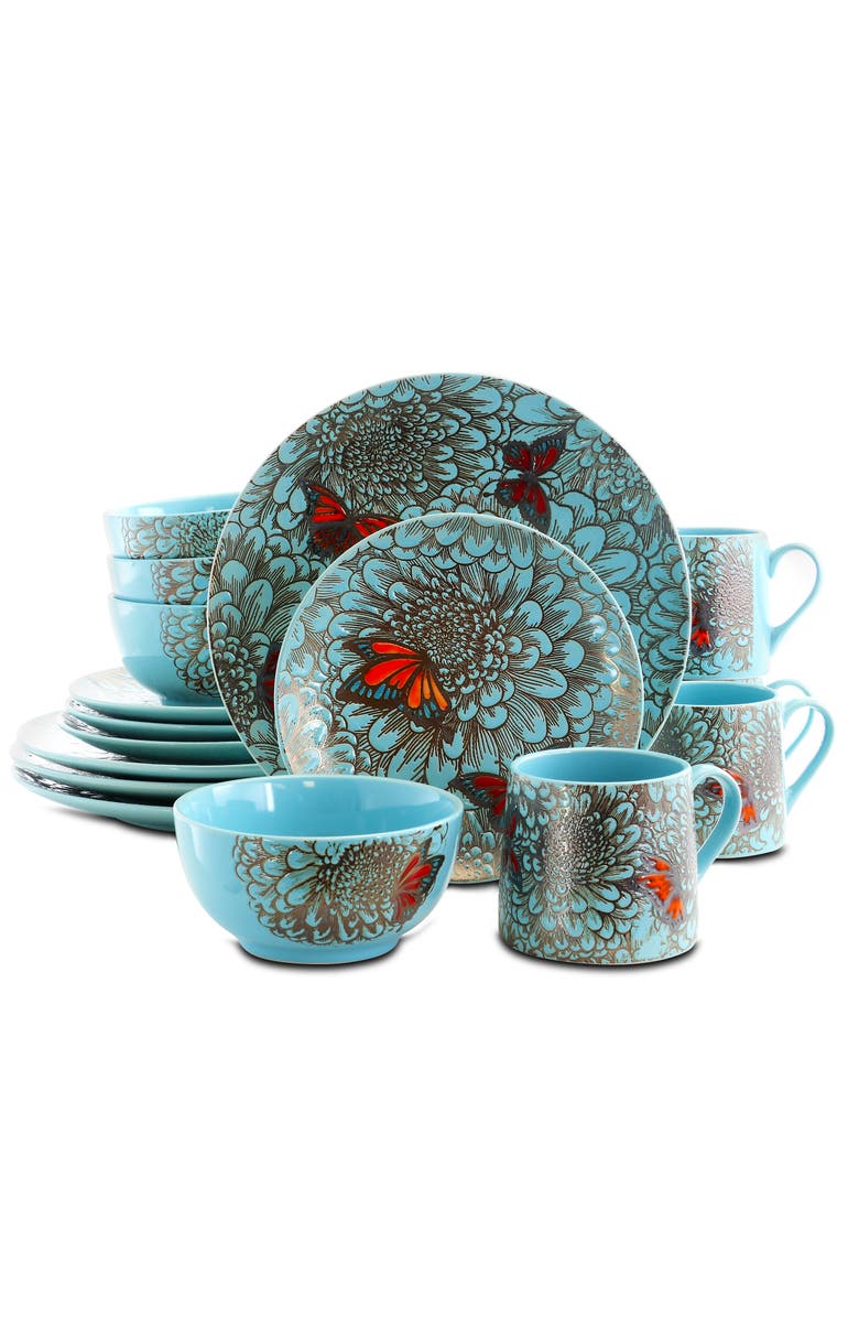 Elama Butterfly Garden 16 Piece Stoneware Dinnerware Set, Main, color, Blue