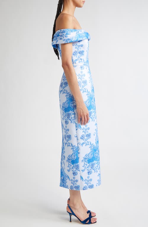 Emilia Wickstead Rochelle Floral Damask Off The Shoulder Dress In Blue