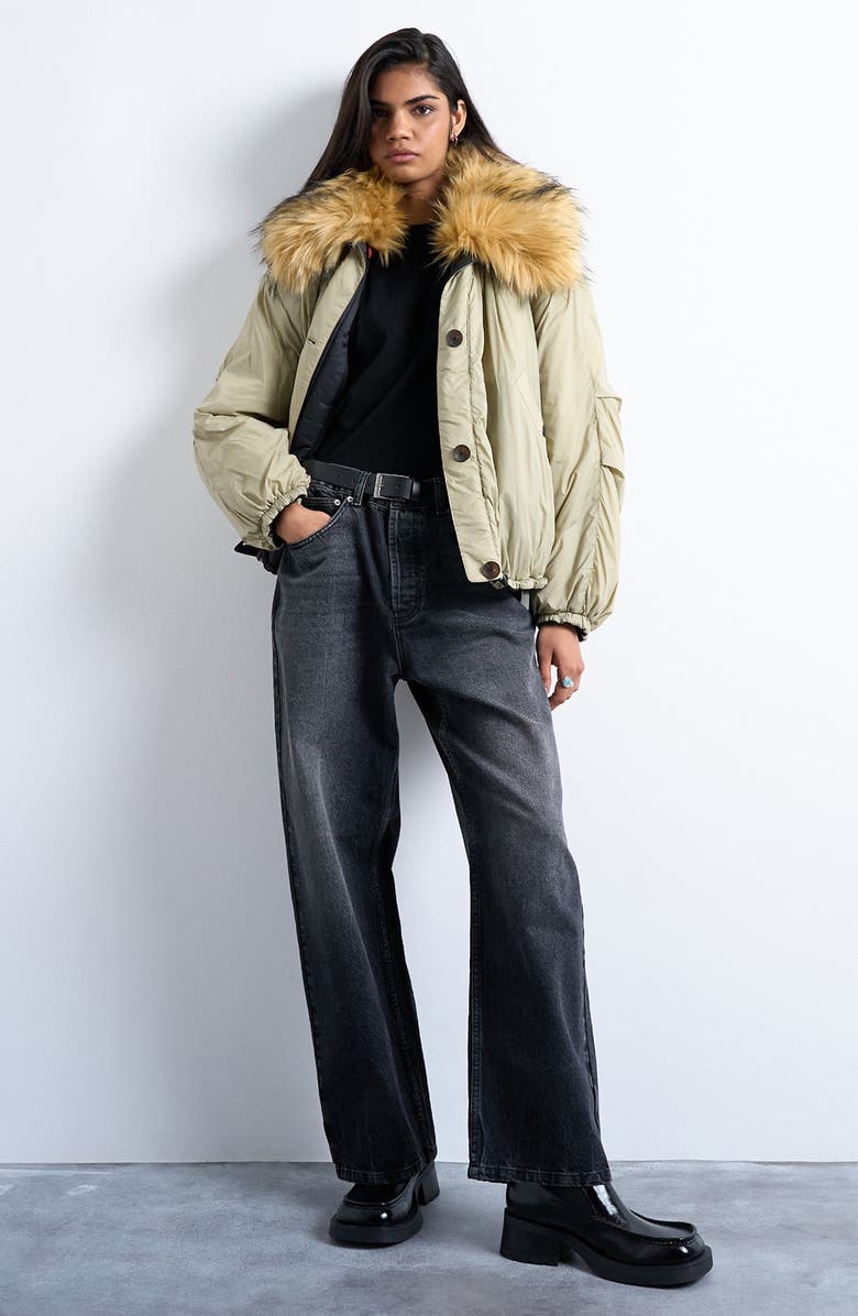 Topshop Reversible Bomber Jacket with Faux Fur Collar, Alternate, color, Medium Green