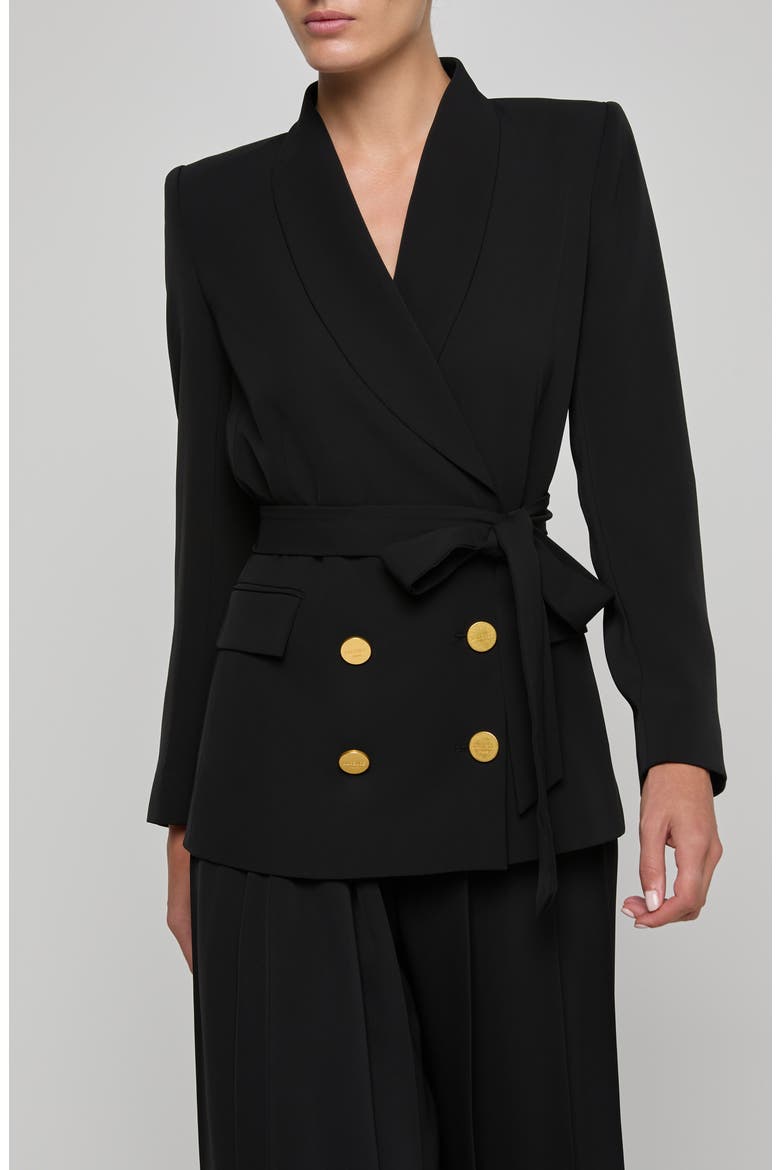Aven Wrap Tie Waist Double Breasted Blazer, Main, color, BLACK