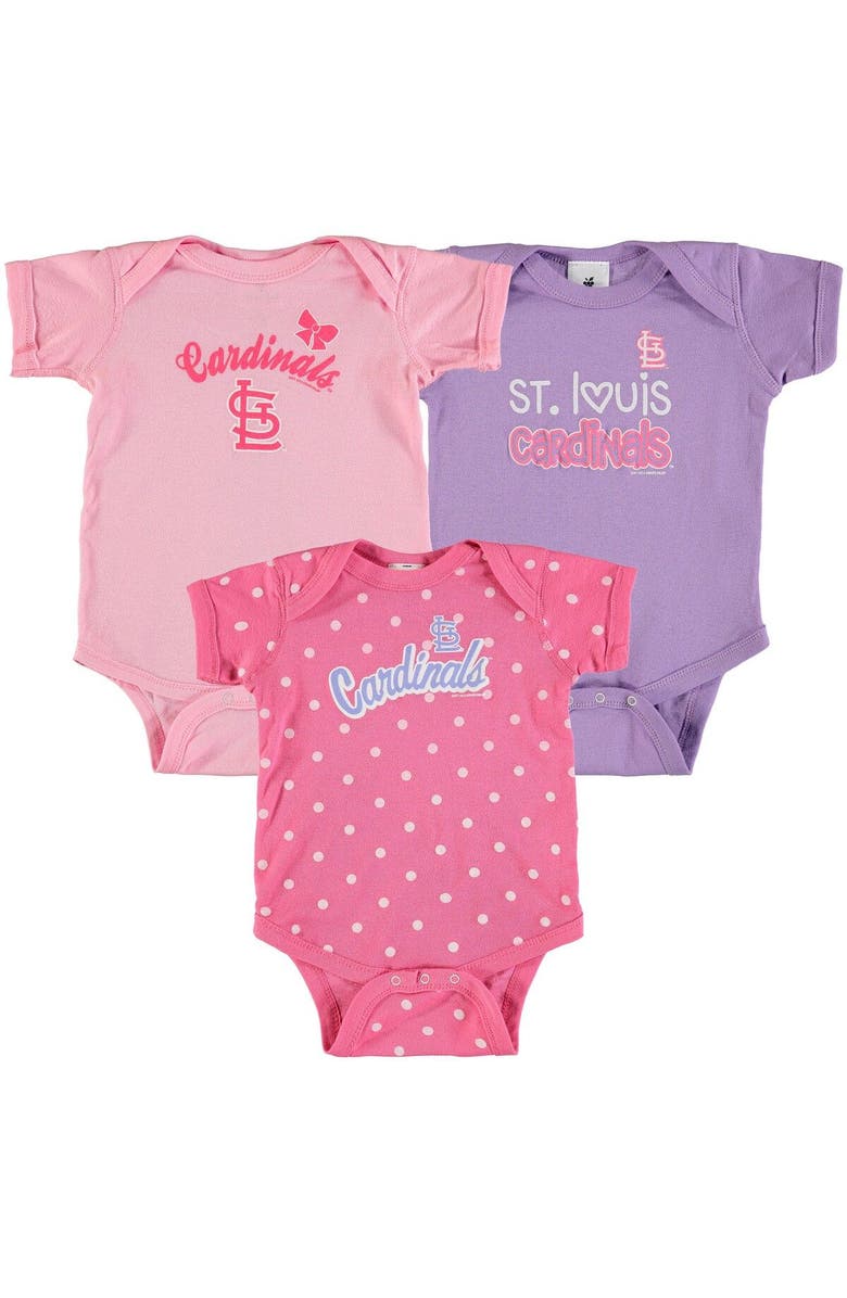 SOFT AS A GRAPE Girls Infant Soft as a Grape Pink/Purple St. Louis Cardinals 3-Pack Rookie Bodysuit Set, Main, color,