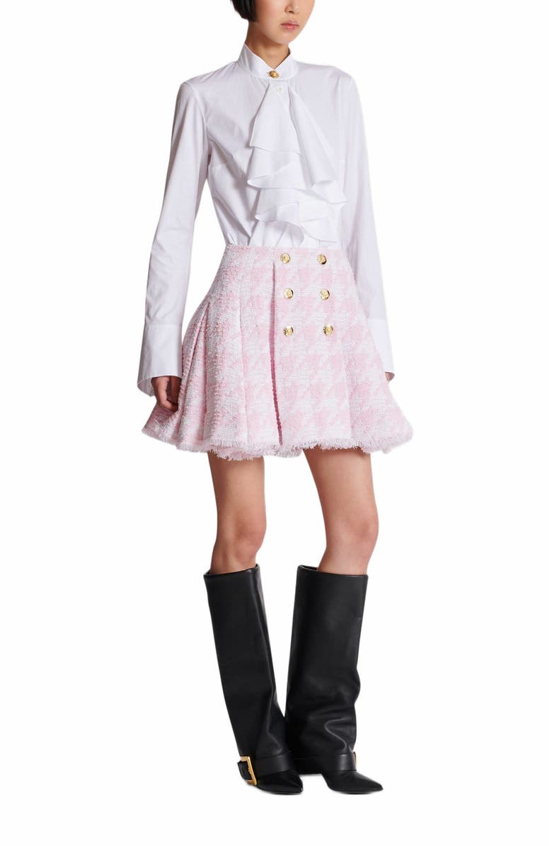 Balmain A-Line Pleated Houndstooth Tweed Skirt, Main, color, Pink