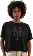 STARTER Women's Starter Black New York Mets Rhinestone Sprinkle Boxy Cropped T-Shirt