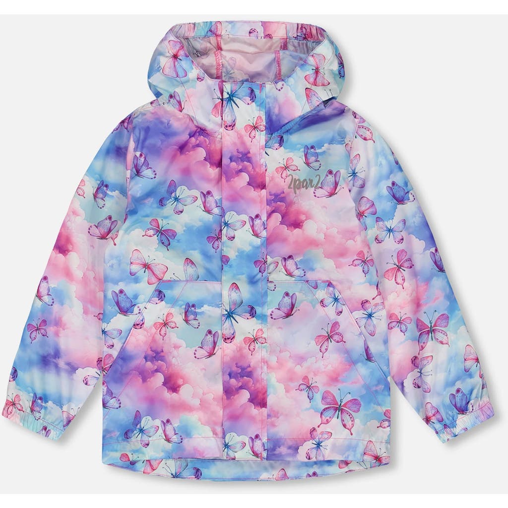 Deux Par Deux Girl's Printed Packable Windbreaker Butterflies On Multicolored Background In Butterflies On Multicolored