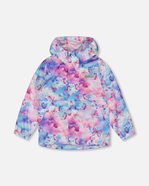 Deux Par Deux Little Girl's Printed Packable Windbreaker Butterflies On Multicolored Background In Butterflies On Multicolored