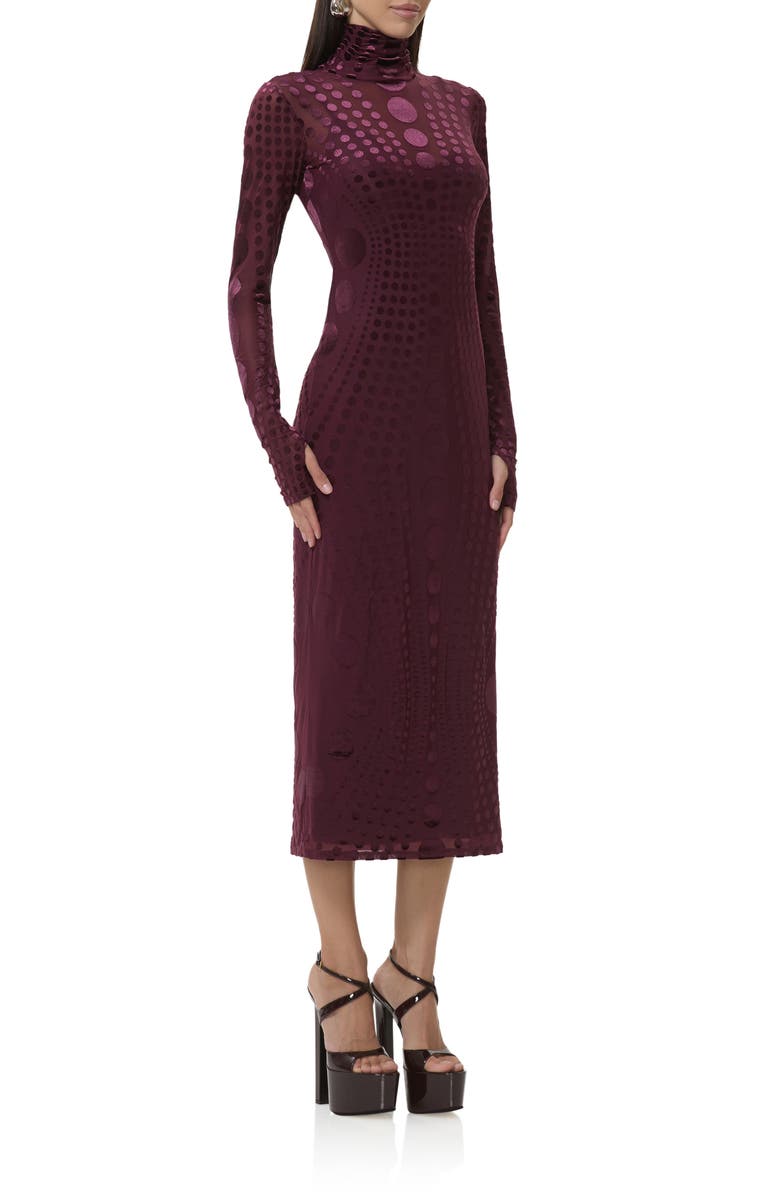 AFRM Shailene Long Sleeve Burnout Velvet Dress, Alternate, color, Cabernet Tonal Dot