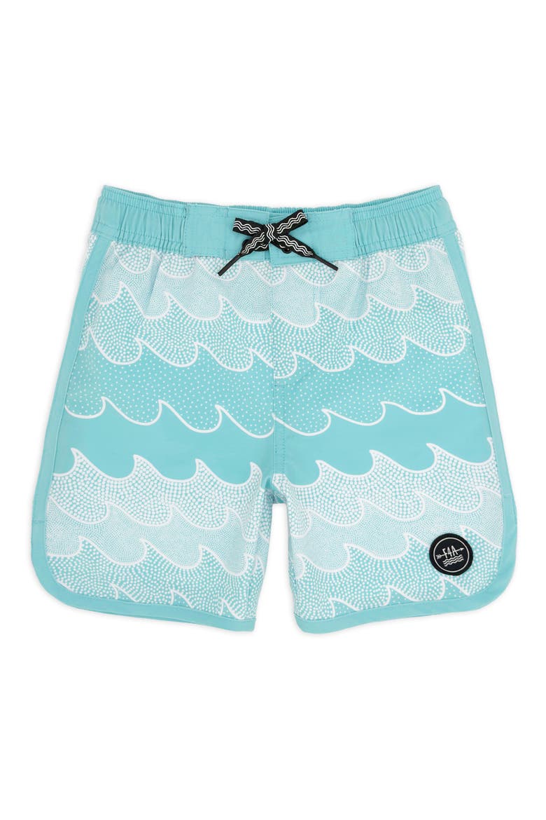 Kids' Wave Print Scallop Board Shorts, Main, color, SEA JET