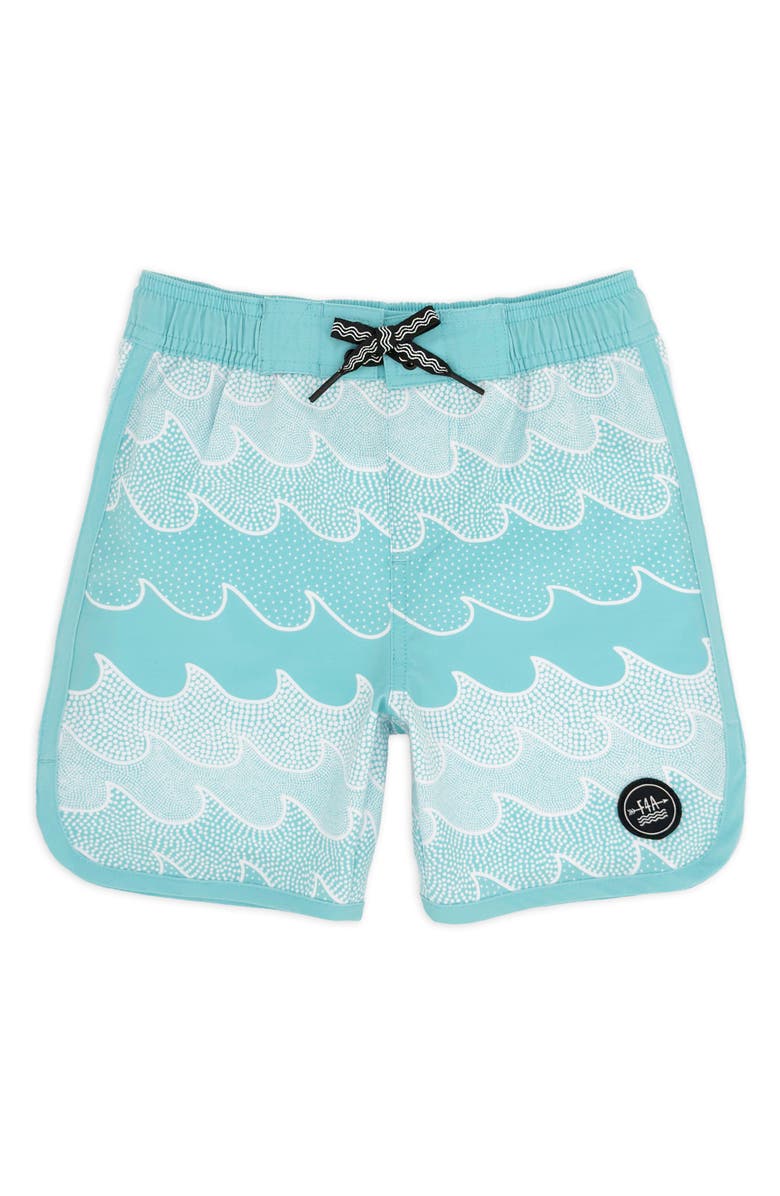 Feather 4 Arrow Kids' Wave Print Scallop Board Shorts, Main, color, 