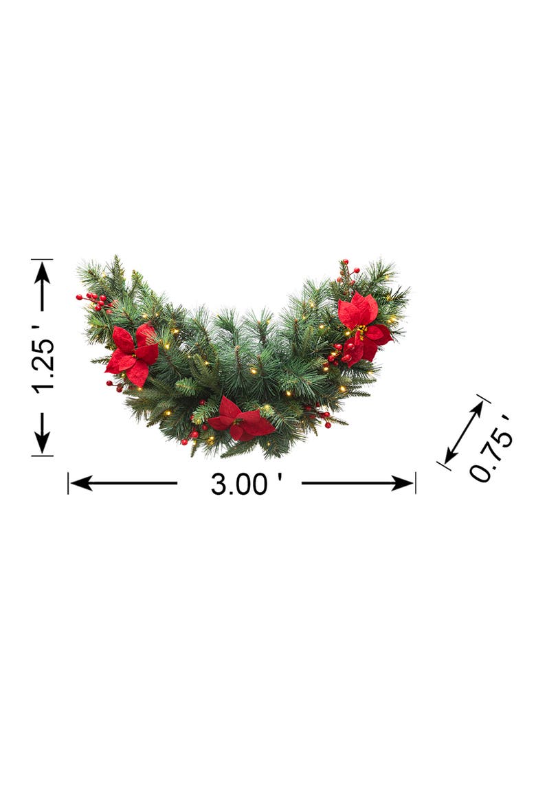 3ft Lighted Christmas Swag with Poinsettia Berry & Timer, Alternate, color, Red