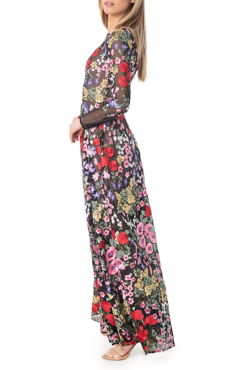 Dress the Population Ava Floral Embroidered Long Sleeve Gown, Alternate, color, Rouge Multi