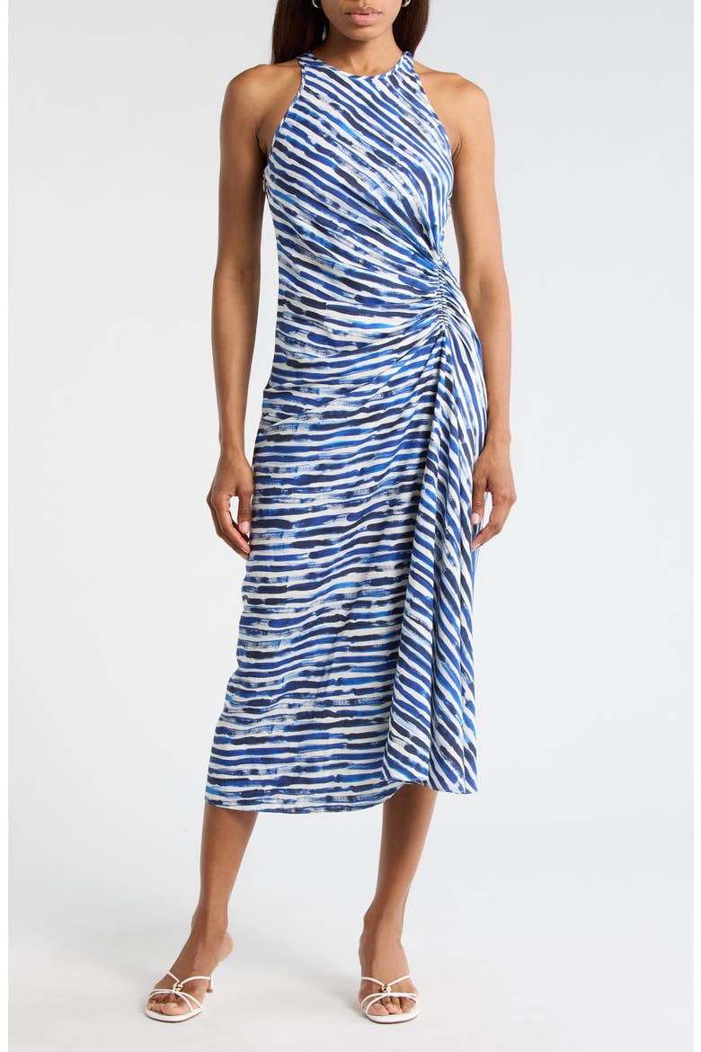 Ruby Ruched Silk & Linen Dress, Main, color, NAVY STRIPE